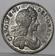 Charles II Second Bust Sterling Silver Shilling, 1677. ESC 542 Rare. Around VF.
