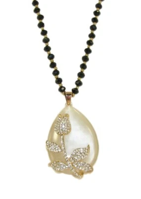 Collar Colgante Piedra Ojo de Gato Blanco Grande Flor de Cristal con Cuentas de Vidrio Negro Foto 1 de 3