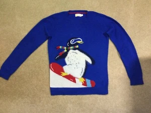 GUC Mini Boden 11 12 Boys Kids Blue Penguin Snowboard Festive Crew Neck Sweater - Picture 1 of 7