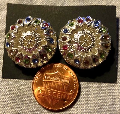 TWO Domed Silver Tone Metal Colorful Rhinestones Button Almost 7/8" 22mm 9070 - Image 1 of 3