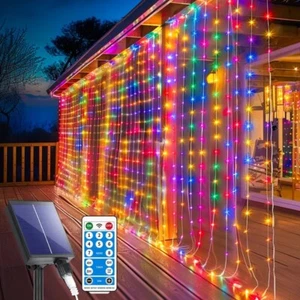 Outdoor Solar Curtain Fairy String Lights Hanging Gazebo Patio Window Garden - Picture 1 of 15