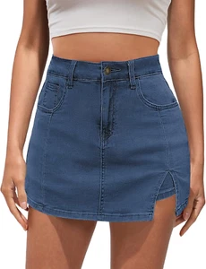 Jean Skorts for Woman High Waisted Trendy Slit Stretchy Denim Skirt with Shorts - Picture 1 of 12