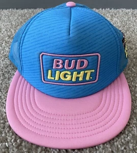 Bud Light 90s Throwback Retro Neon Pink Blue Mesh Trucker Snapback Hat NEW - Picture 1 of 8