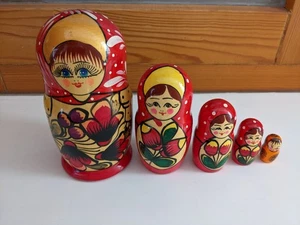 Wood Matryoshka Nesting Dolls Hand Painted WOMEN RED YELLOW - Picture 1 of 24