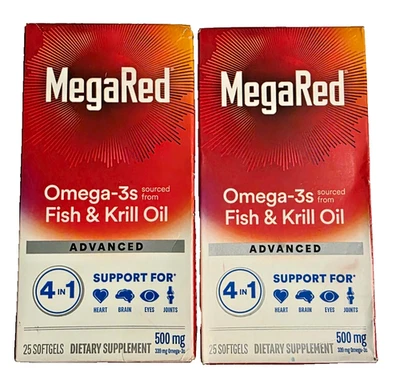 2PK MegaRed Omega-3s Fish & Krill Oil Advanced 500 mg ~ 25 Softgels EA~EXP 6/27 - Image 1 of 4