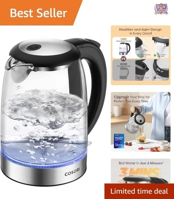 Electric Glass Kettle No Plastic Spout 1.7L Auto Shutoff Borosilicate - Image 1 of 4