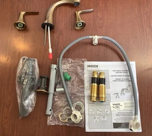 READ Moen 84517BZG Findlay Widespread 2H Bathroom Faucet Bronzed Gold B23 - Picture 1 of 6