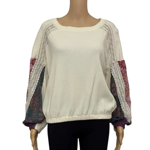 forever 21 Woman’s Small Boho Artsy Waffle Knit Lace Crochet Balloon Sleeve Top - Picture 1 of 13