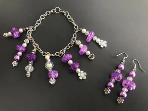 VIOLET DROP DANGLE EARRINGS &  GLASS STONE CHARM BRACELET SET FASHION JEWELRY - Picture 1 of 12