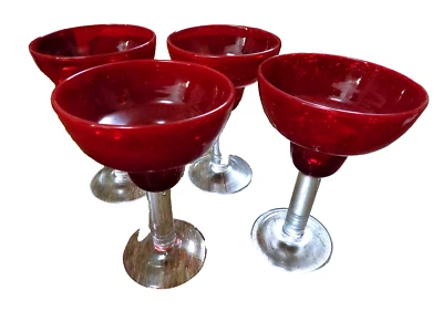 Lote Juego 4 Vidrio Artístico Burbuja Roja Soplado a Mano Grande 7" Vidrio Margarita con Vástago Transparente Foto 1 de 4
