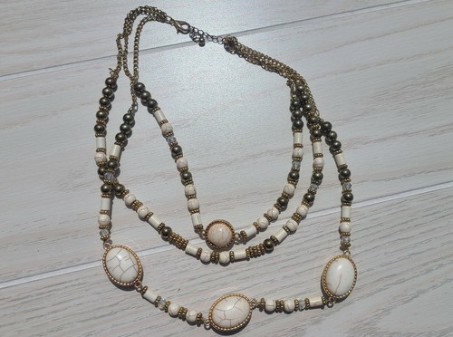 OFF WHITE Collana vintage 3 fili di perline marmorizzate bianco sporco e oro 17" 20"
