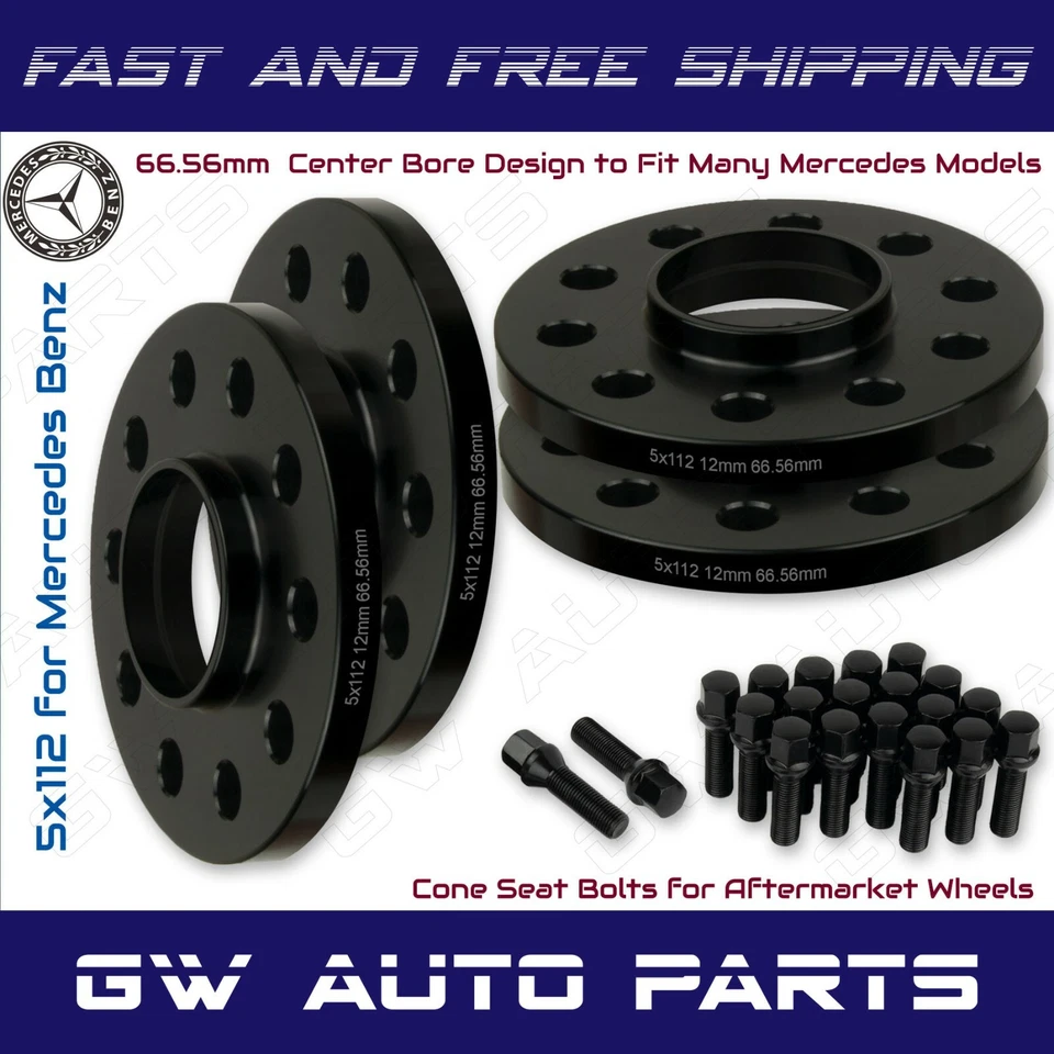 (4) 12mm Mercedes Benz 5x112 Hub Centric Wheel Spacers W/Cone lug Bolts Kit - Image 1 of 2