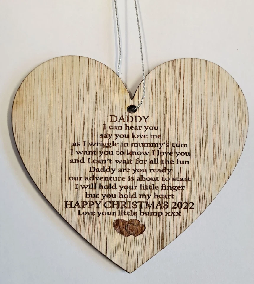 Daddy poem from unborn baby heart Christmas tree deco memento wood on ribbon - Image 1 of 1
