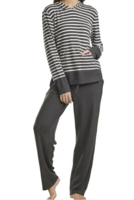 PIJAMA KAREN NEUBURGER RAYAS GRIS CON CAPUCHA TOP MANGA LARGA PANTALONES LARGOS L Foto 1 de 4