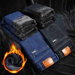 Men Winter Thickened Plush Jeans Warm Stretch High Waist Straight Trousers Pants - Picture 1 of 16