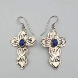 925 Sterling Silver Oval Lapis Lazuli Concho Style Cross Drop Dangle Earrings - Picture 1 of 12