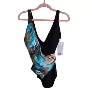 Gottex NWT Black Multi V Neck Ruched Built In Bra One Piece Bathing Suit Size 16 - Picture 1 of 6