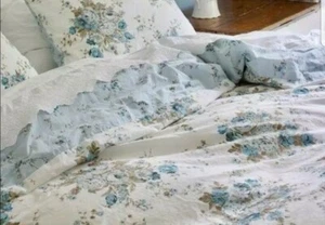 NWT/HTF SIMPLY SHABBY CHIC ~ TWIN SIZE AQUA ROSE 100% COTTON DUVET & SHAM SET - Picture 1 of 4