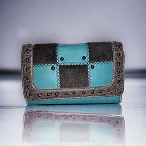 Turquoise Women's Wallet Clutch Biker Cowgirl Western Studs Patchwork Stitching - Picture 1 of 6