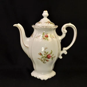 Johann Haviland Coffee Pot & Lid 10.75" Red Pink Moss Rose Green 1966-1980s Gold - Picture 1 of 22