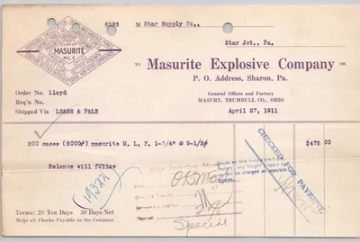 Masurite Explosive Company 1911 Masury Ohio Mining Blasting Billhead BH1-83 Foto 1 de 4