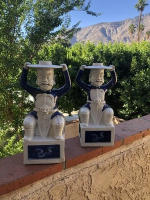 Two Rare Inmortals Porcelain Blue/White Statues Candlestick Asian Heavy 13” - Image 1 of 4