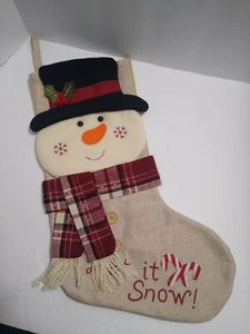 3D Christmas Stocking Burlap Let It Snow Snowman Scarf Hat Candy Cane Buttons - Picture 1 of 10