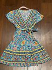 Zesica Floral Womens Summer Cotton Blend Wrap Dress Small Boho Turquoise Floral