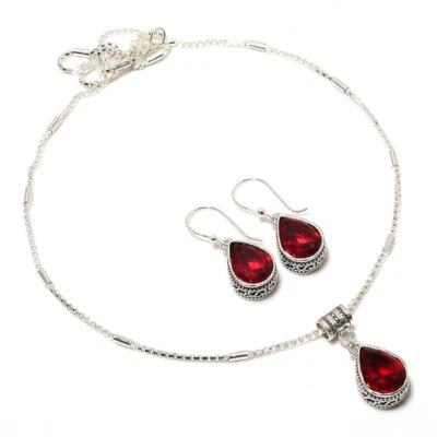 Juego de collar y pendientes hechos a mano de cuarzo rojo granate chapado en plata 925 de 18" Foto 1 de 3