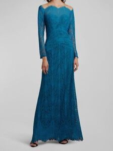 $508 Tadashi Shoji Women's Blue Long-Sleeve Lace Gown Dress Size 4