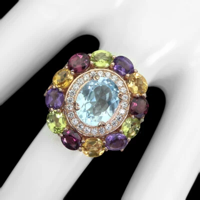 925 Sterling Silver Ring Oval Aquamarine 11x9mm Amethyst Ruby Gemston - Image 1 of 4