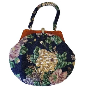 Vintage Glass Beaded Handbag With Lucite Acrylic Frame - Green Blue Cream & Gold - Picture 1 of 10