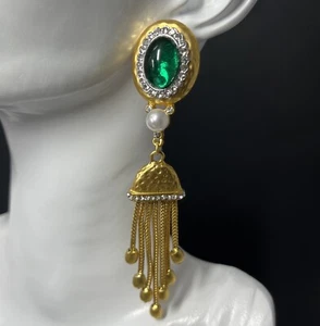 Gold Tassel Clip On Earrings Green Gripoix Glass Cabochon Pearl Chain Fringe - Picture 1 of 7