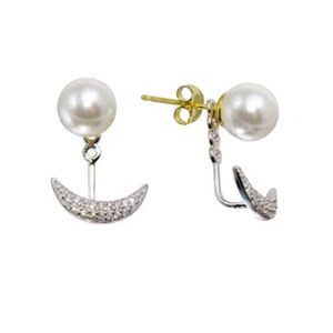 Silver 925 Rhodium Plated Synthetic Pearl and Crescent Earrings with CZ - Picture 1 of 1