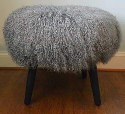 Mongolian Lamb Stool Mid Century wood legs   Grey Tibet  Fur Sheepskin - Image 1 of 2