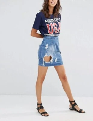Falda Denim Envejecida 6 Azul Claro Rasgado Destruido Mini Grunge Boho Verano Foto 1 de 4