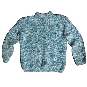 Hand Knit Sweater Youth Size L (12-14) Aqua Pencil Style Buttons Kid Core Retro - Picture 1 of 11