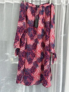 Laura Ashley Pink Blue Leaf Pattern Off Shoulder Summer Dress Size L - Picture 1 of 6