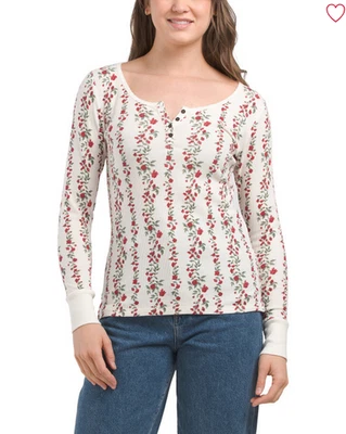 Camisa Top Henley Waffle Tejida Estampado Floral Rojo Marfil L Lucky Brand Para Mujer Nueva con Etiquetas Foto 1 de 4