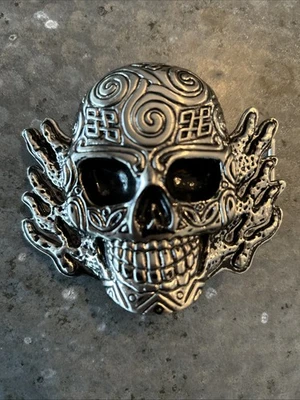Belt Buckle- Skull w/Flames-Fantasy Artwork-Pewter-1.5" Belt- Dia De Los Muertos - Image 1 of 4