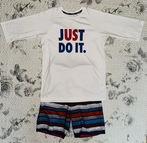 Boys White Nike Swim Rash Guard & Striped Swim Trunks Set Sz/ XL (18-20) - Picture 1 of 10