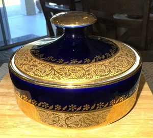 Tarro de baratija vintage Limoges Francia dorado dorado y azul porcelana con tapa - Imagen 1 de 11