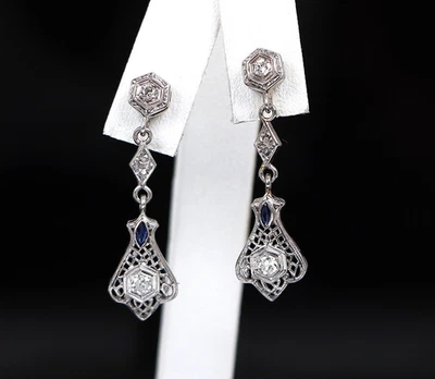 Pendientes colgantes de zafiro azul diamante talla minero antiguo oro blanco de 14 quilates de colección $2150 Foto 1 de 4