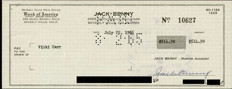 JACK BENNY - CHECK SIGNED 07/29/1965 CO-SIGNED BY: VIKKI CARR Cover