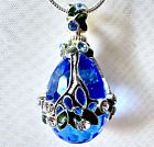 Sterling Blue Topaz Faberge Egg Pendant Swarovski Crystals Enamel 24"Chain