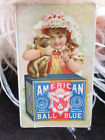 Victorian Advertising Trade Card AMERICAN BALL BLUE Girl w/Dog