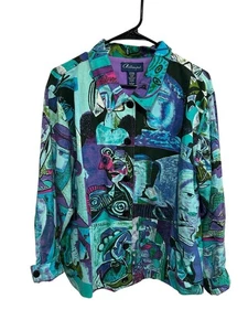 Vintage Artscapes Button Front Picasso Art Jacket Teal Purple Sz Large Novelty - Picture 1 of 9