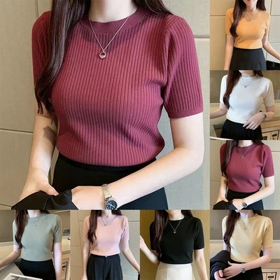 Fashion Women Short Sleeve Solid Knit T Shirts for Summer Vacation Style - Image 1 of 4