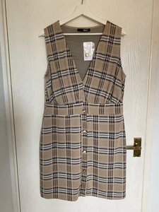 QUIZ Brown Black Check Button Pinafore Dress – UK 16 – NWT - Picture 1 of 13