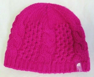 The North Face Pink Cable Knit Fleece Ear Wool Blend Hat Beanie Youth Kid M EUC - Picture 1 of 5
